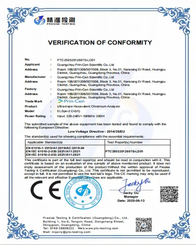 Ce Certificate Low Voltage Ultra Trace Cr Vi Analyzer